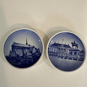 Vintage Set Of 2 3.25" Royal Copenhagen Denmark Blue Mini Plates Landmarks